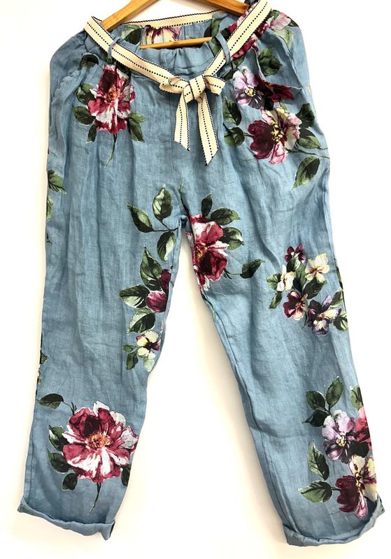 Beau Accessories - Marcella Linen Trousers - Floral Sky Blue - size 10-14