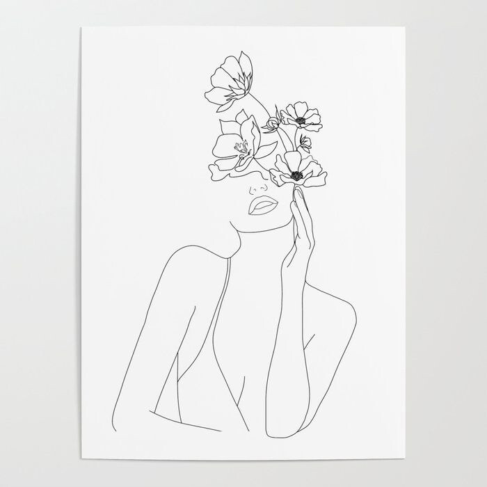 Line Art Floral Lady Black on White