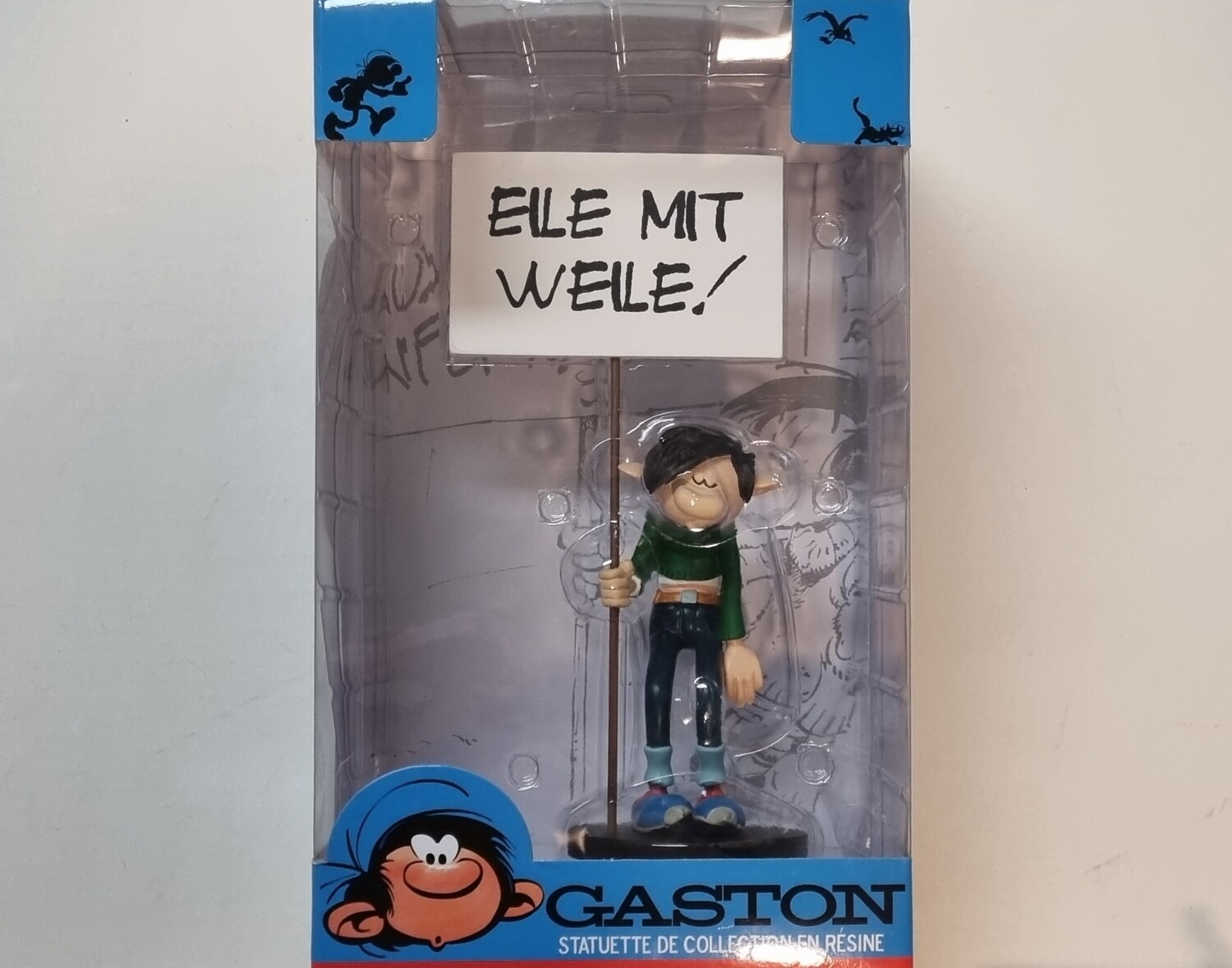 Beeld, Guust Flater /Gaston met tekstballon &quot;Eile mit Weile!&quot;