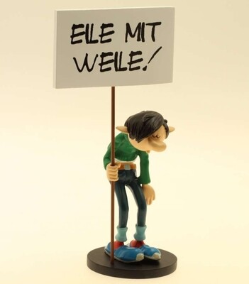 Beeld, Guust Flater /Gaston met tekstballon "Eile mit Weile!"
