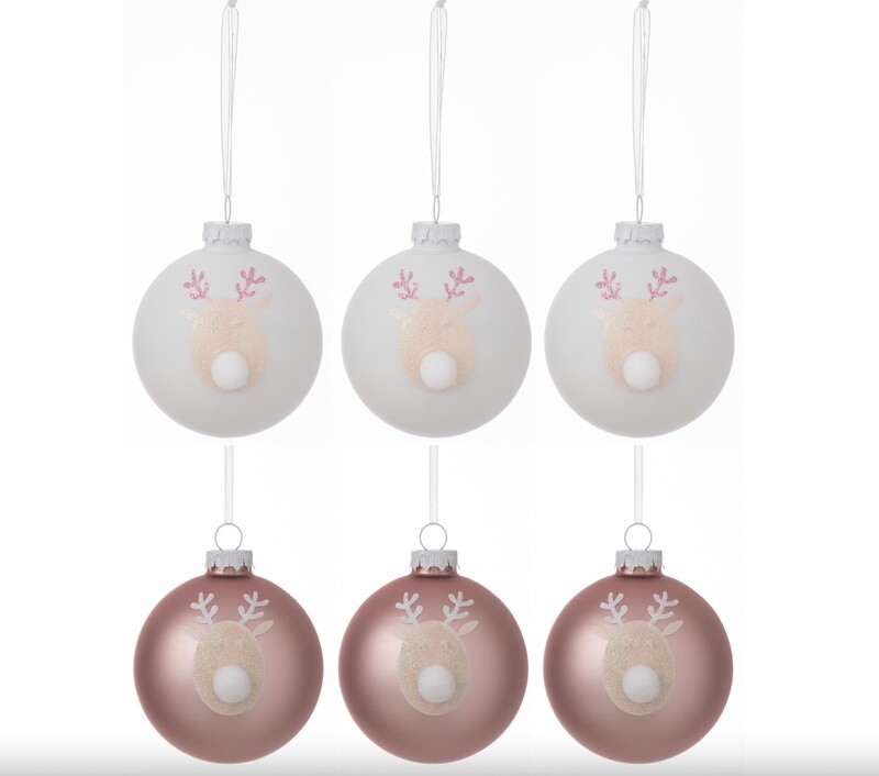 Doos Van 6 Kerstballen 3+3 Rendier Glas Licht Roze/Wit Small