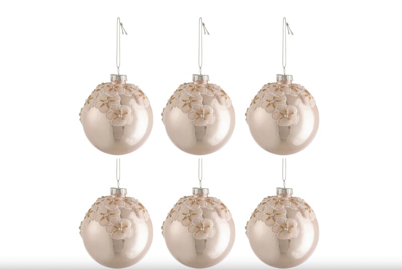 Doos Van 6 Kerstballen Bloemen Glas Blinkend Licht Roze Small