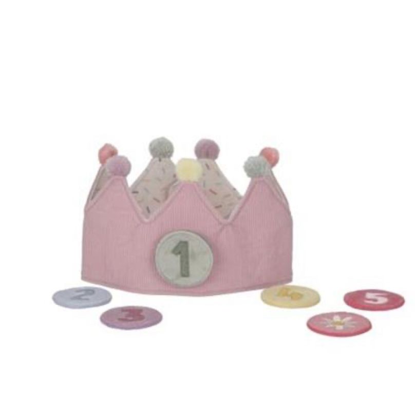 Verjaardagskroon van stof met cijfers roze