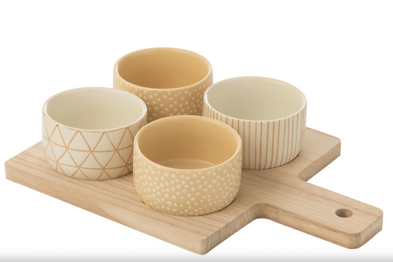 Tapasservies 4 Sets + Bambouschaal In Doos Creme/Wit