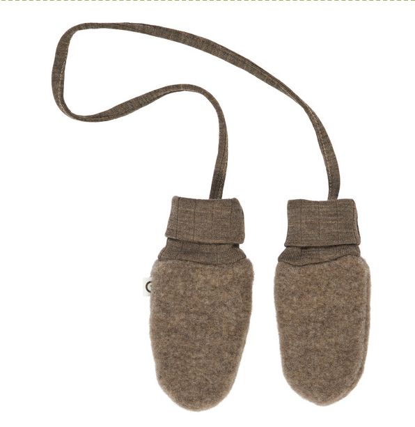 GOTS-gecertificeerde merinowollen fleece wantjes voor baby’s, zonder duim, met verbindingskoord – kleur walnut melange.

