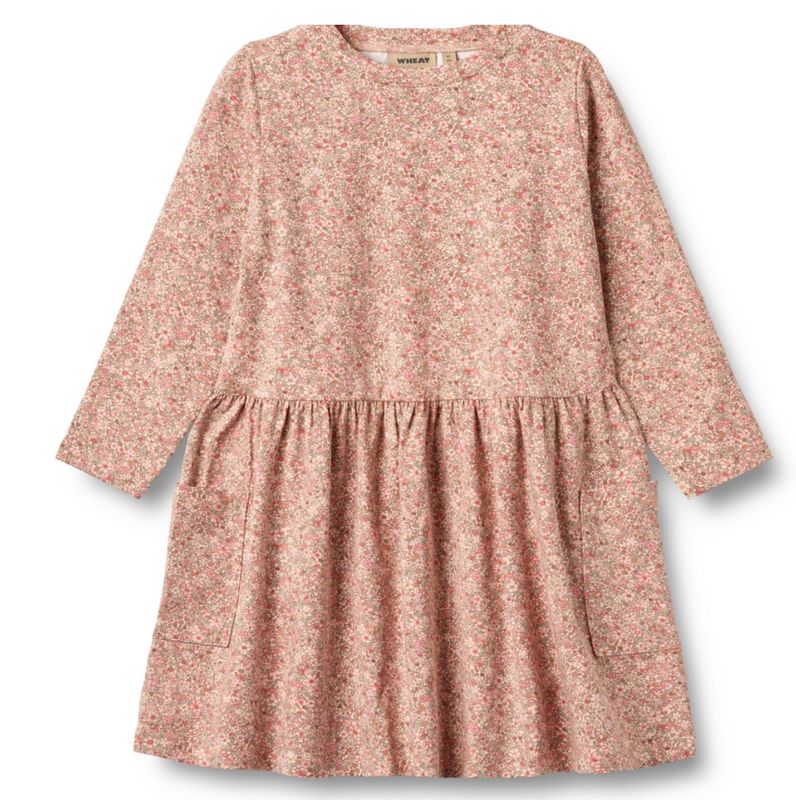 Lange mouwen jurk voor baby, zacht biologisch katoen, losse pasvorm, plooien en grote zakken, Wheat print, herfst-winter