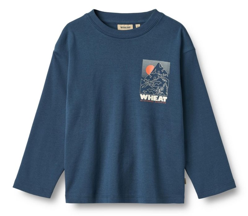 
Kinder longsleeve T-shirt, biologisch katoen, afhangende schouders, Wheat voor- en achterkantprint
