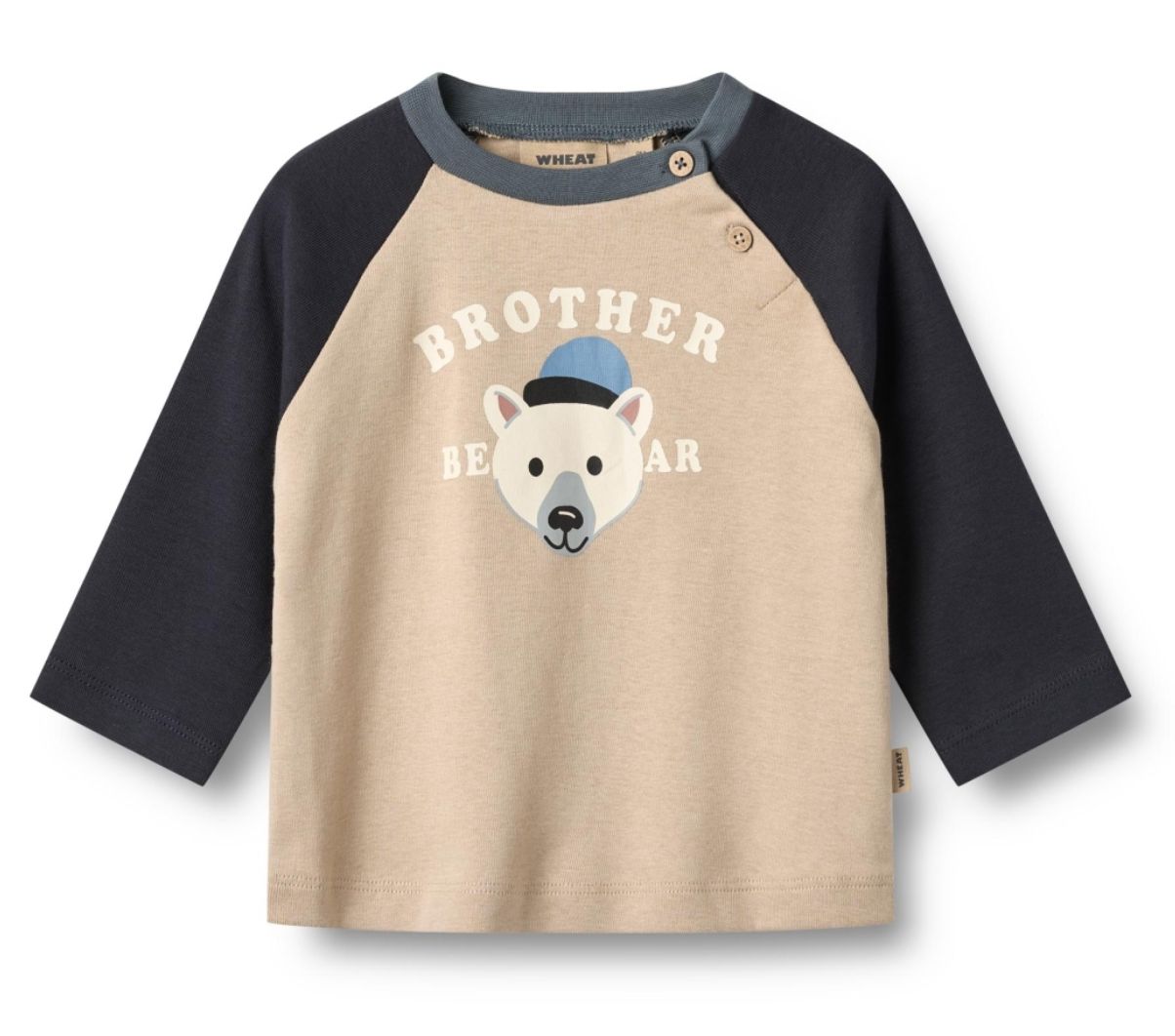 Baby longsleeve T-shirt, biologisch katoen, raglanmouwen in contrastkleur, drukknoopjes, Wheat print