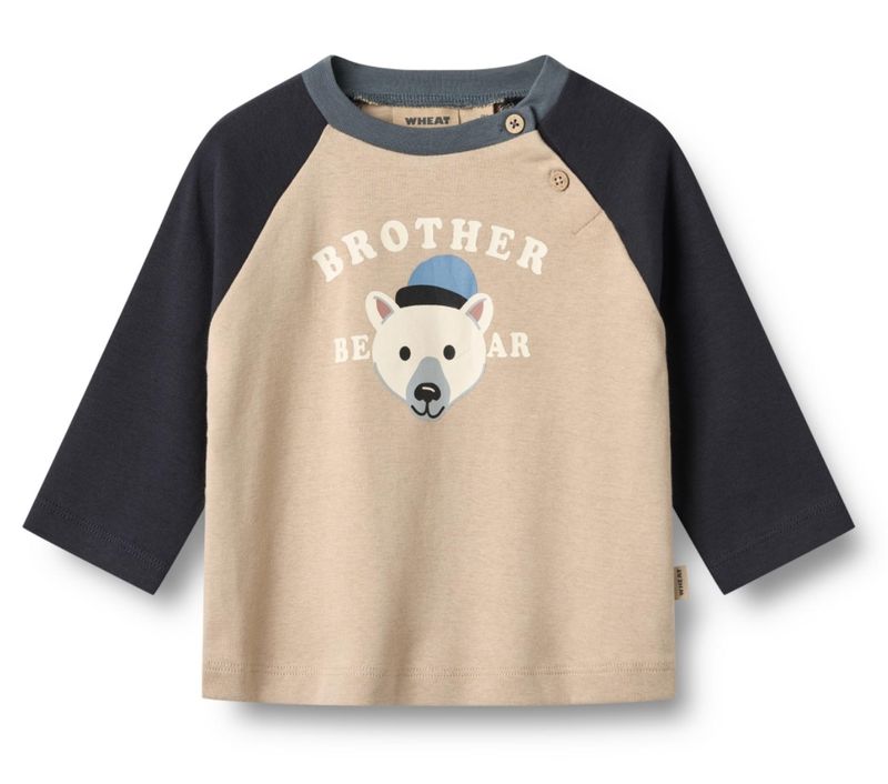 Baby longsleeve T-shirt, biologisch katoen, raglanmouwen in contrastkleur, drukknoopjes, Wheat print