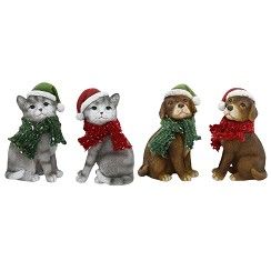 Deco Christmas Pets L – schattige honden en katten beeldjes met kerstoutfit, perfecte feestdecoratie.
