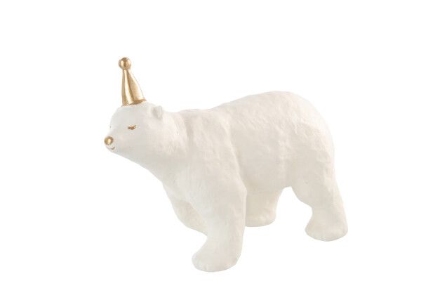 Decoratieve ijsbeer met gouden feesthoed, 23 cm hoog. Polyresine figuur in kalk wit voor winterse en feestelijke decoratie.