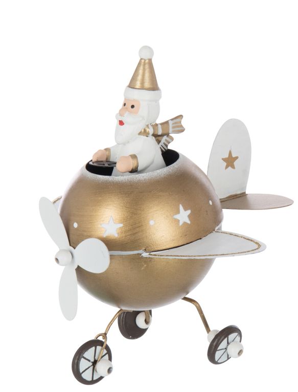 Decoratief vliegtuig in metaal wit/goud met kerstman of beer als piloot, 16 cm hoog. Afzonderlijk verkocht.