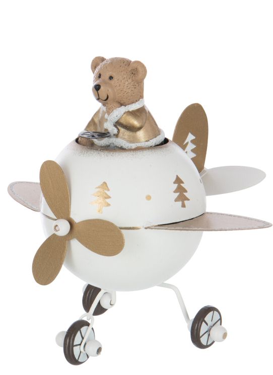 Beer in metalen vliegtuig wit/goud, 16 cm hoog. Speelse kerstdecoratie voor een warme en feestelijke sfeer.