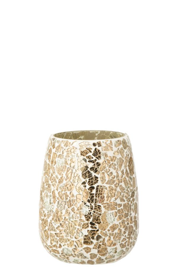 Kaarshouder van goudkleurig gekraakt glas, 16 cm hoog. Luxe mozaïekdesign dat warm en sfeervol kaarslicht verspreidt.