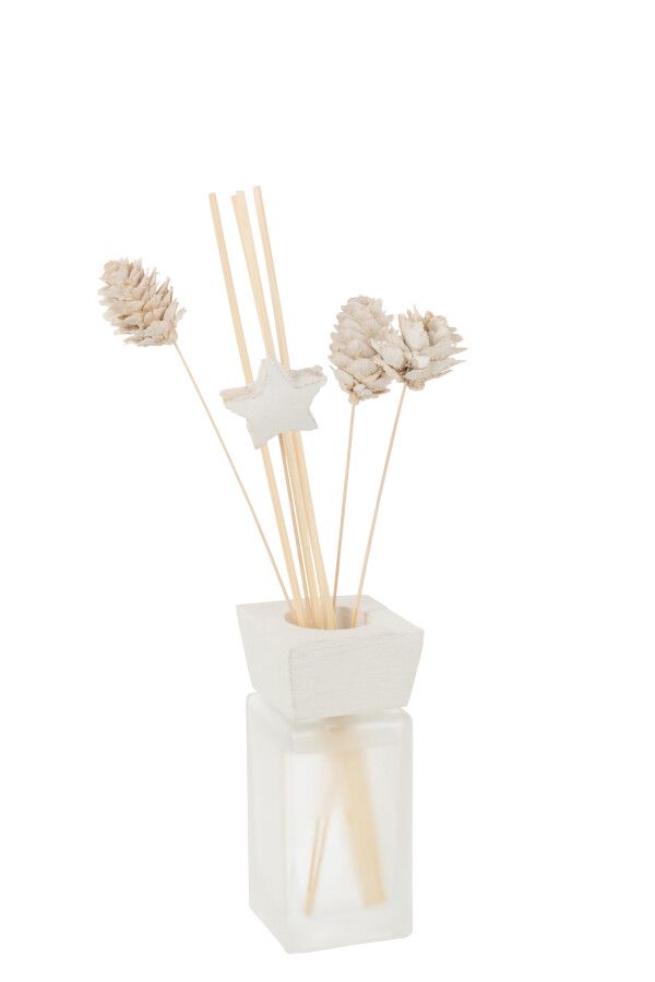 Witte geurverspreider met den & eucalyptus geur, 27 cm hoog, met decoratieve droogbloemen en sterdetail.