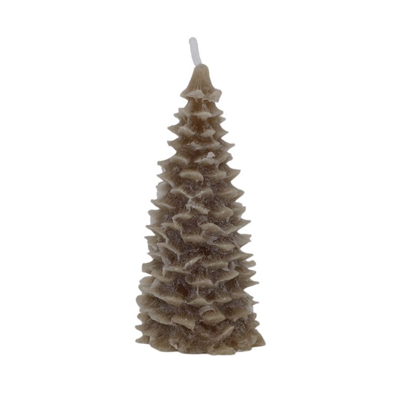 Taupe kaars in de vorm van een kerstboom. Sfeervolle decoratie met een brandduur tot 6 uur.