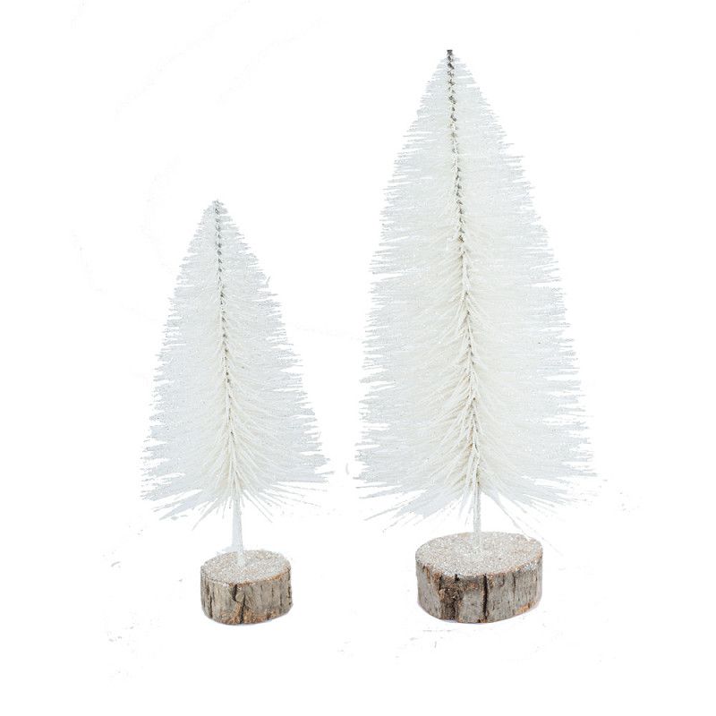 Set van 2 witte kerstboompjes met houten voet en glitterafwerking