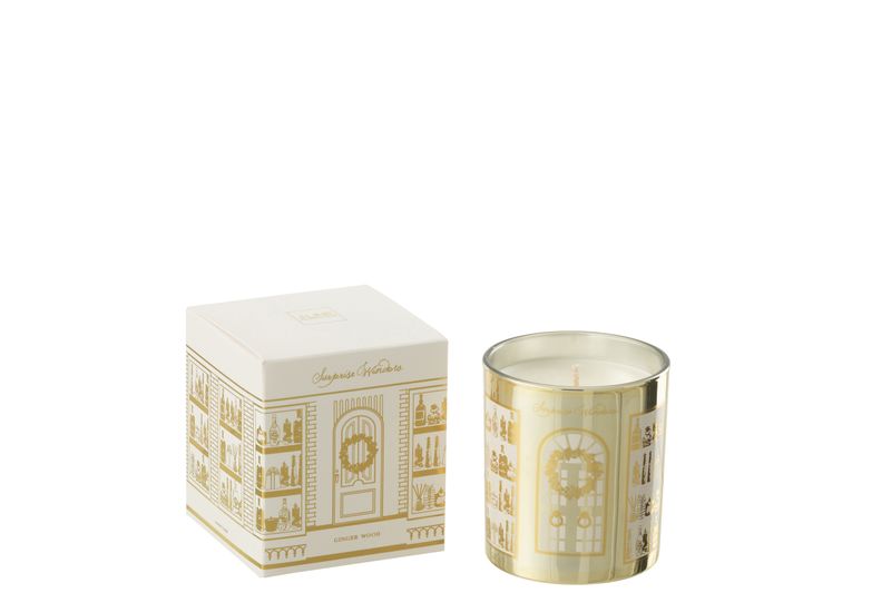 Stijlvolle geurkaars in wit-goud met warme Ginger Wood geur. Luxe uitstraling en gezelligheid in één.