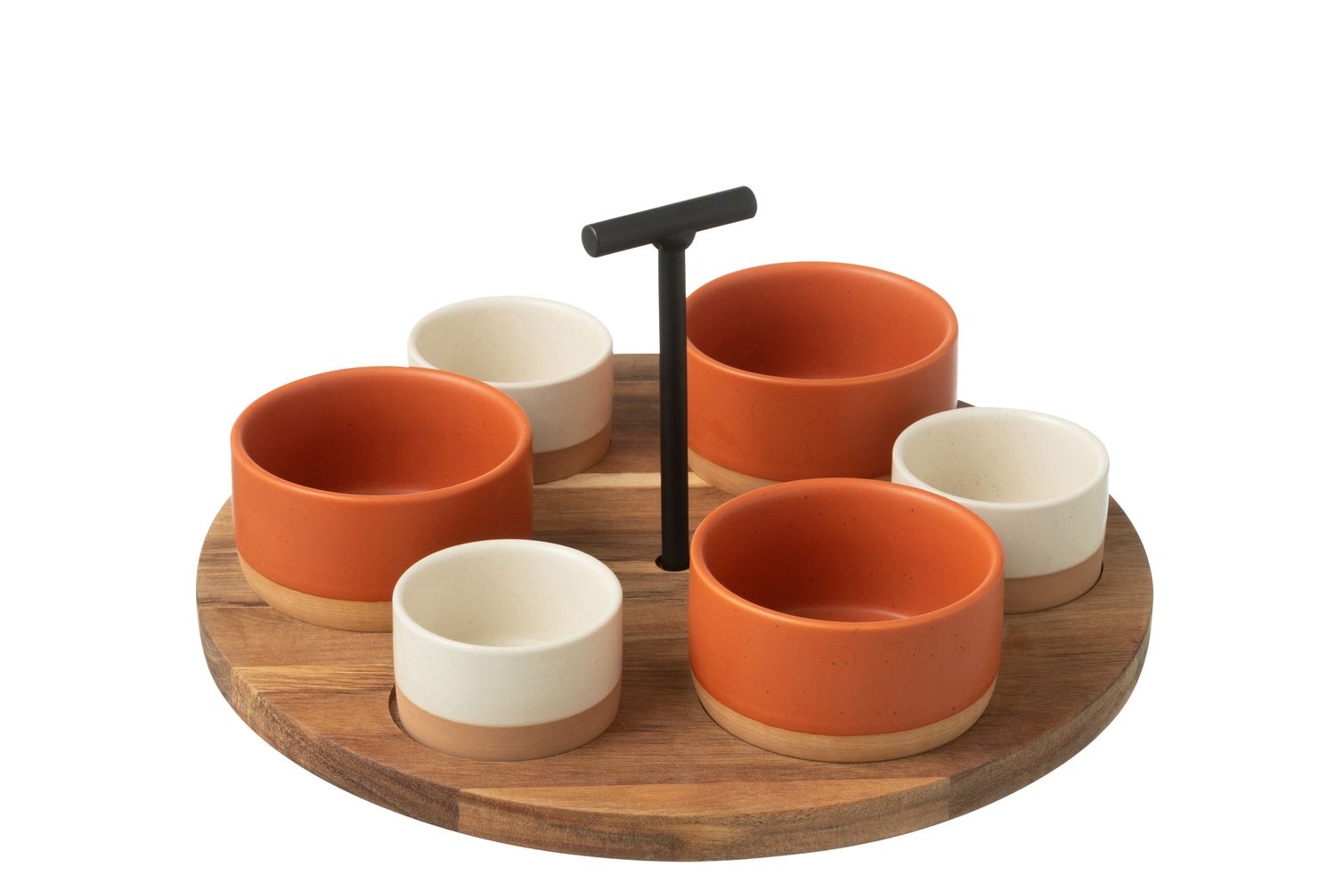 Tapasservies met 6 keramische schaaltjes op houten schaal. Perfect voor tapas, hapjes en dips.