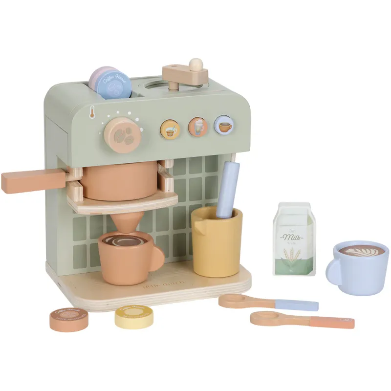 Houten speelgoed koffiezetapparaat met kopjes en accessoires.