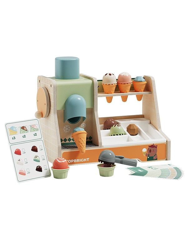 Houten ijskraam van Topbright met bolletjes ijs, hoorntjes en accessoires. Leuk rollenspel voor kinderen vanaf 3 jaar.