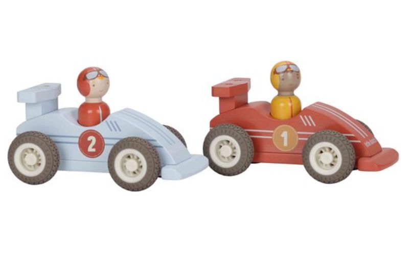 Set van 2 houten Little Dutch raceauto’s met pull-back functie en coureurs, vanaf 18 maanden