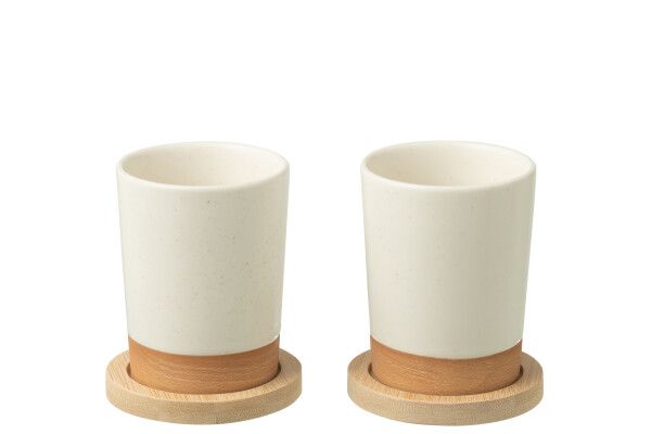Set van 2 Tassen + Bamboubasis Keramiek Wit/Naturel
