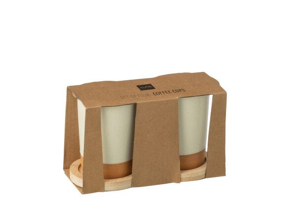 Set van 2 Tassen + Bamboubasis Keramiek Wit/Naturel