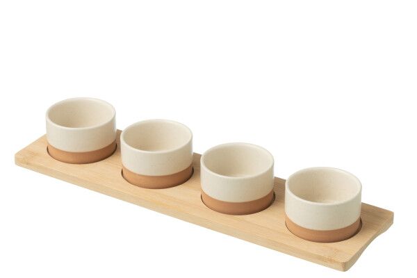 Tapasservies met 4 witte keramieken schaaltjes en bamboe schaal, 75 ml. Vaatwas- en magnetronbestendig.