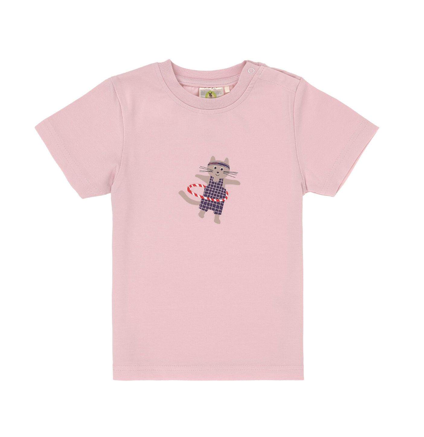 Lässig T-shirt in zachte roze tint met poesje en hoelahoep op de voorkant, een speels en stijlvol shirt voor baby’s en kids.