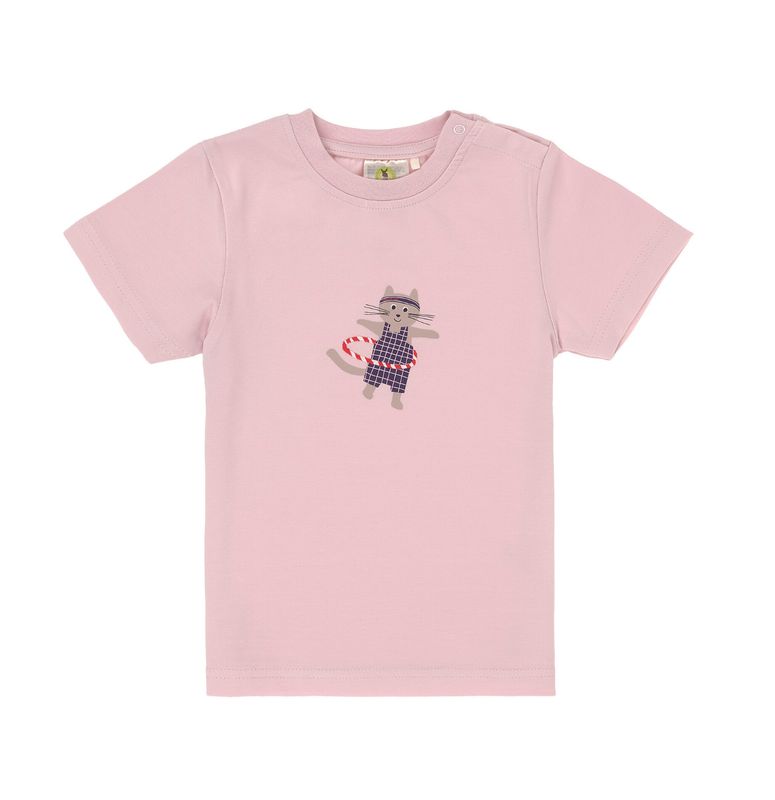 Lässig T-shirt in zachte roze tint met poesje en hoelahoep op de voorkant, een speels en stijlvol shirt voor baby’s en kids.