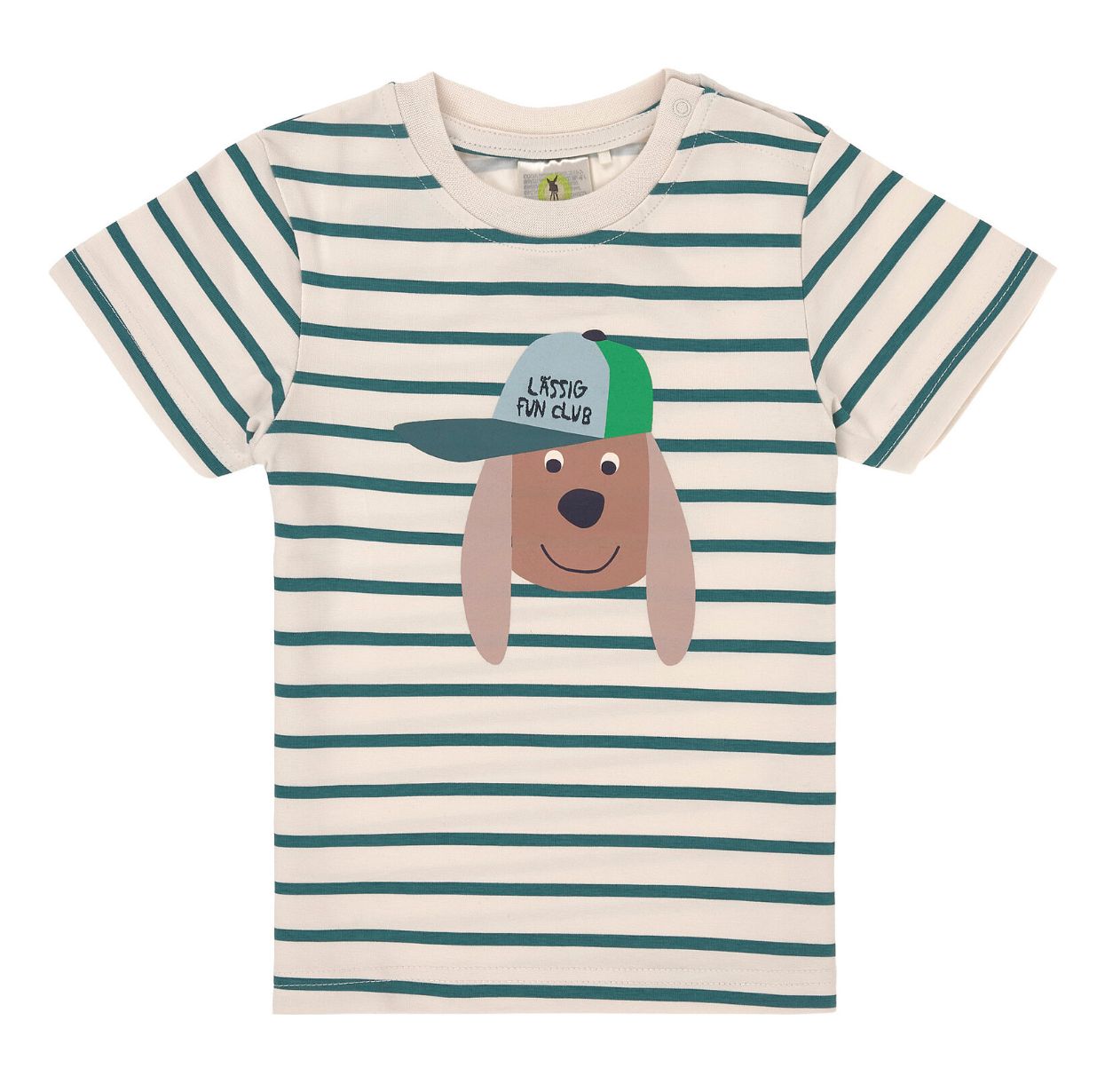 Gestreept T-shirt met vrolijk hondje en petje op de voorkant, een speels en stijlvol shirt voor baby’s en kids.