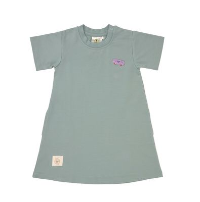 Lässig kleedje in Granite Green met kleine auto-applicatie op de borst, comfortabel en speels voor baby’s en kids.