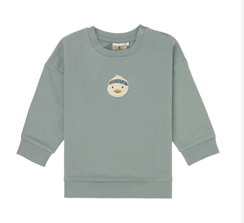 Granite Green kindersweater met lange mouwen en klein teddy eendje detail op de borst, zacht en comfortabel
