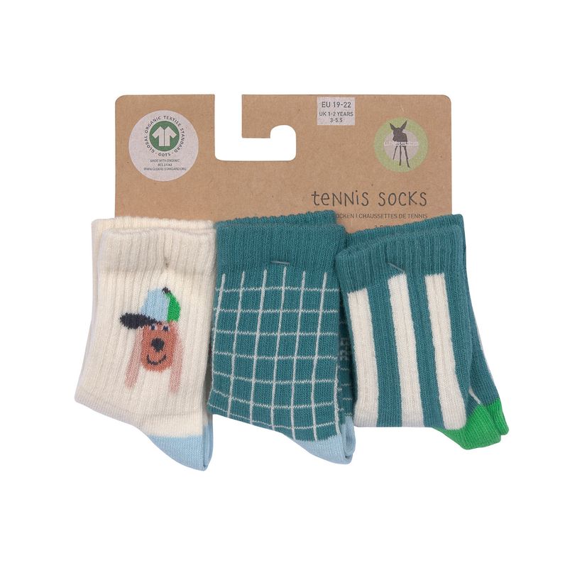 Set van drie kindersokken met hondjesmotief en streeppatroon in zachte kleuren