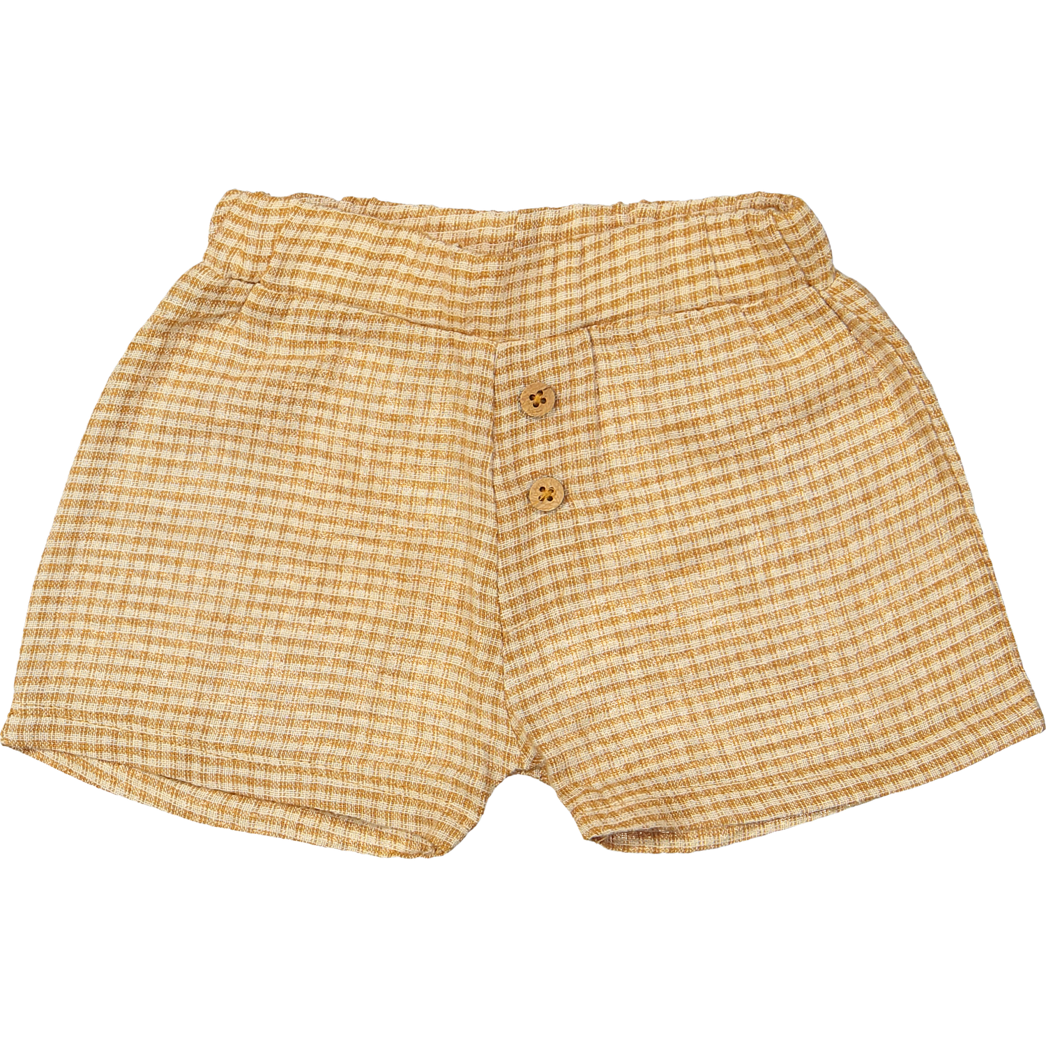 Zuri short in bruin geweven linnen, luchtige en comfortabele jongensshort.