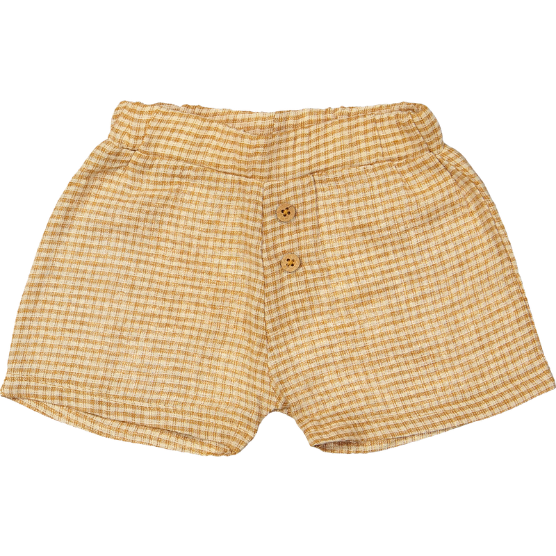 Zuri short in bruin geweven linnen, luchtige en comfortabele jongensshort.