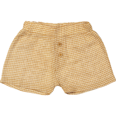 Zuri short in bruin geweven linnen, luchtige en comfortabele jongensshort.