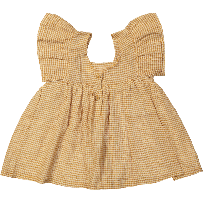 Linnen kinderjurkje in bruine ruit met zomerse uitstraling