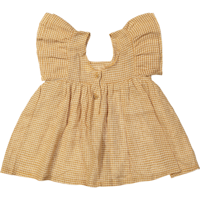 Linnen kinderjurkje in bruine ruit met zomerse uitstraling