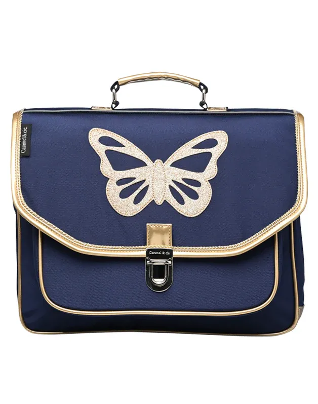 Middelgrote schooltas met gouden vlinder – Donkerblauw