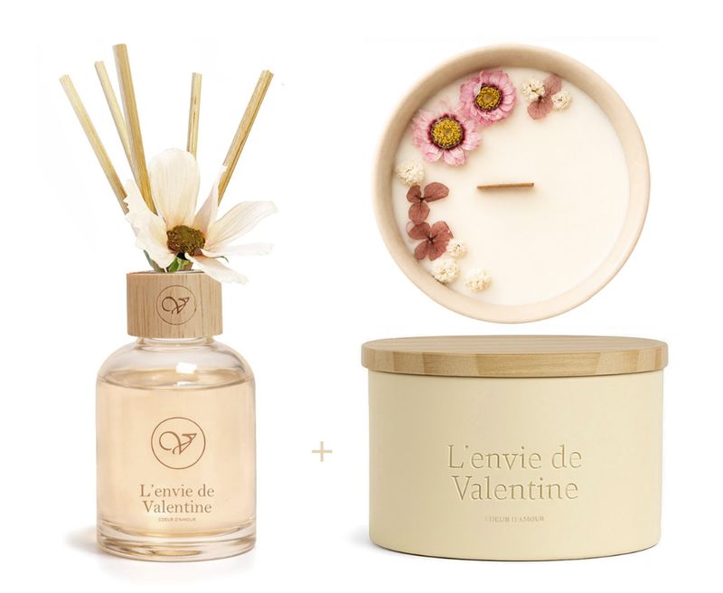 Cadeaubox (150ml geurstokjes met zijden bloem &250g geurkaar)Coeur d'amour