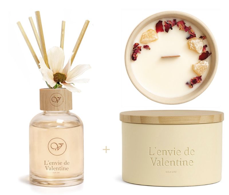 Cadeaubox (150ml geurstokjes met zijden bloem &250g geurkaar)Lila Lou