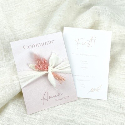 Roze kaart communie / lentefeest - lint en droogbloemen - set van 20 stuks