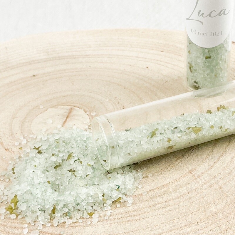 Glazen tube met badzout - thema groen