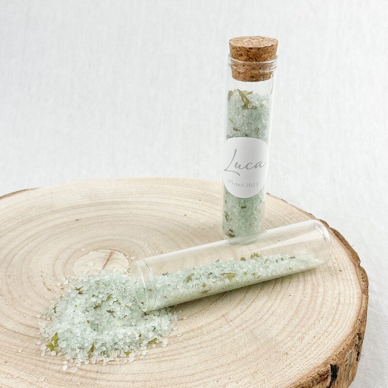 Glazen tube met badzout - thema groen