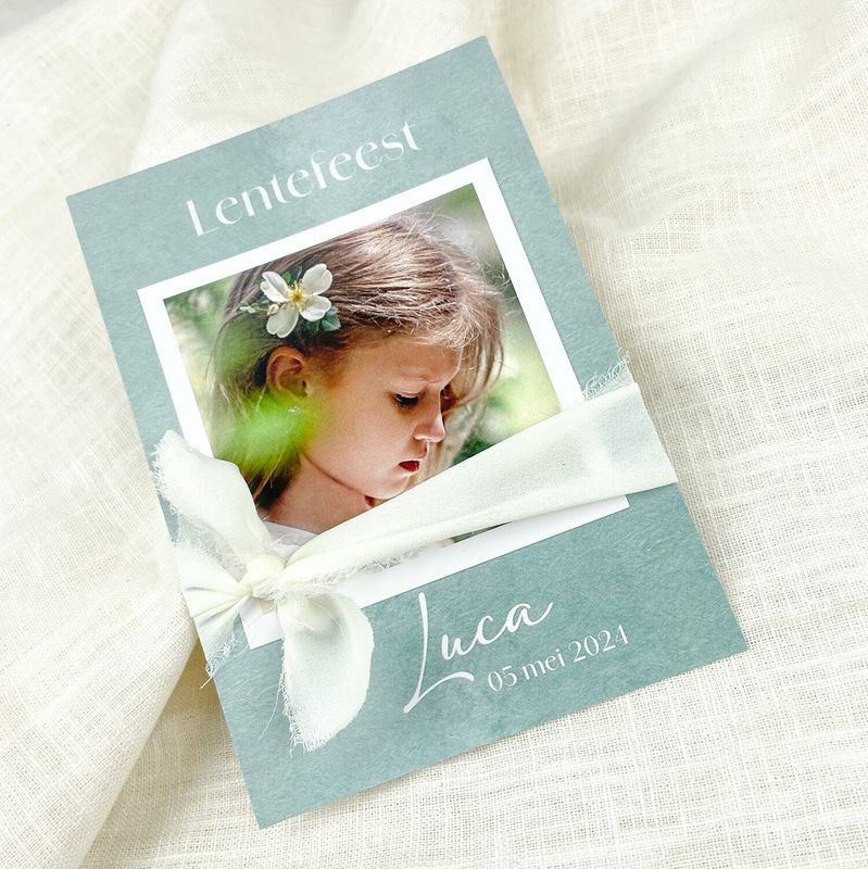 Groene kaart communie / lentefeest - lint en foto - set van 10 stuks