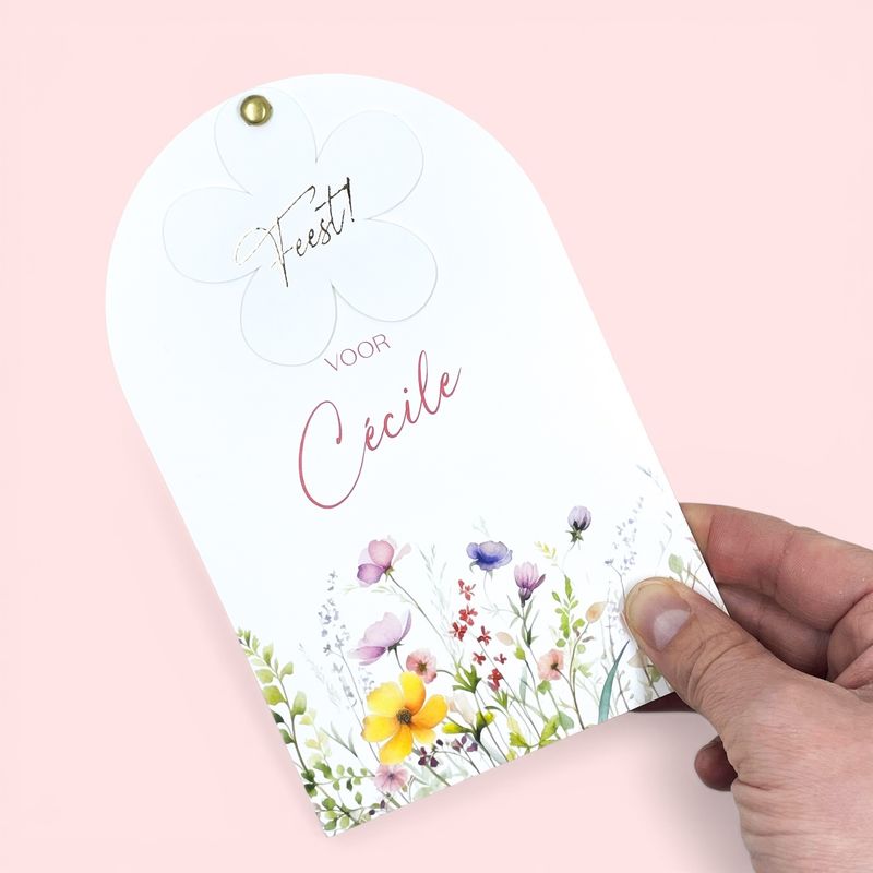 Staande kaart met extra label in fleurig bloementhema - communie / lentefeest - set van 10 stuks