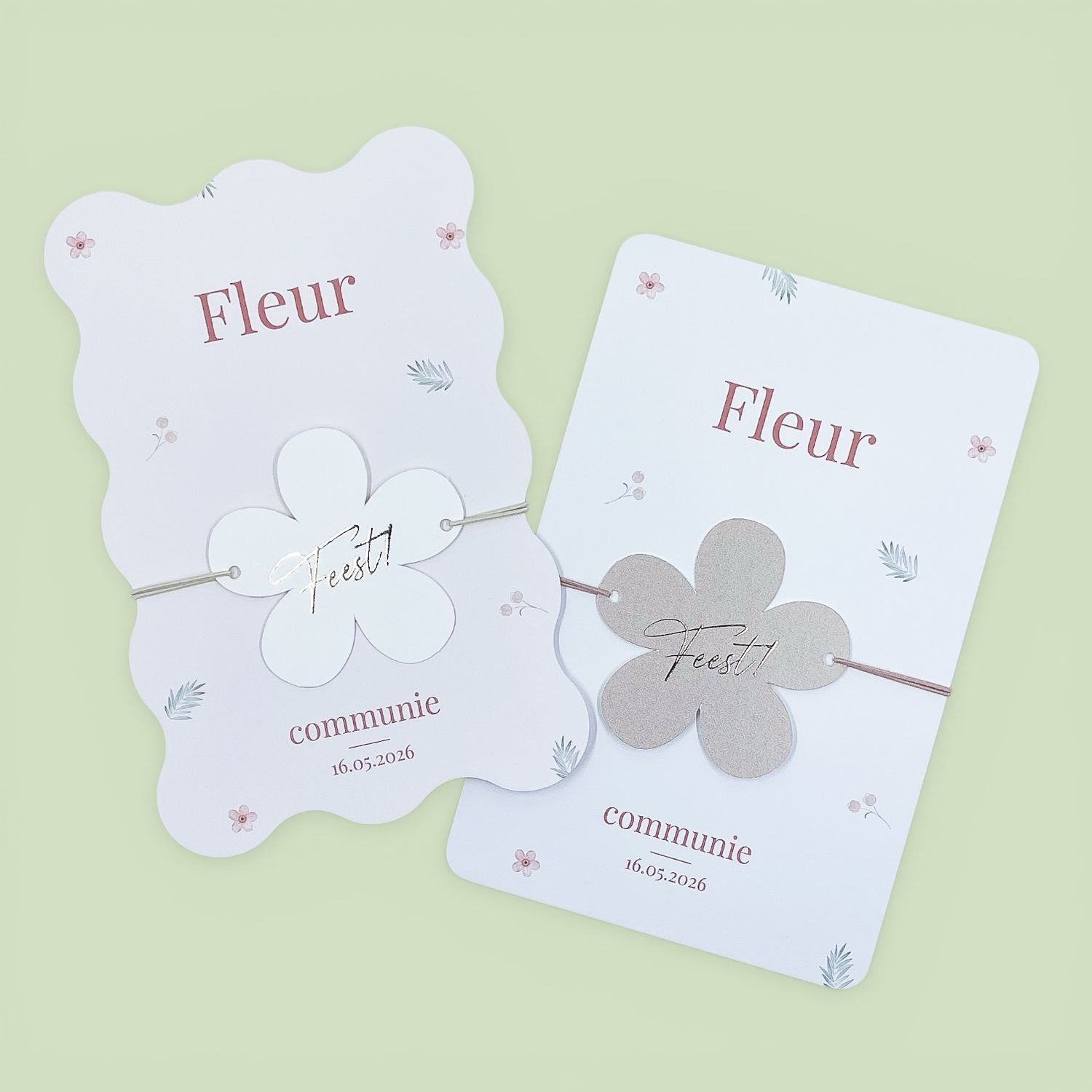 Staande kaart met extra label in zacht bloementhema - communie / lentefeest - set van 10 stuks