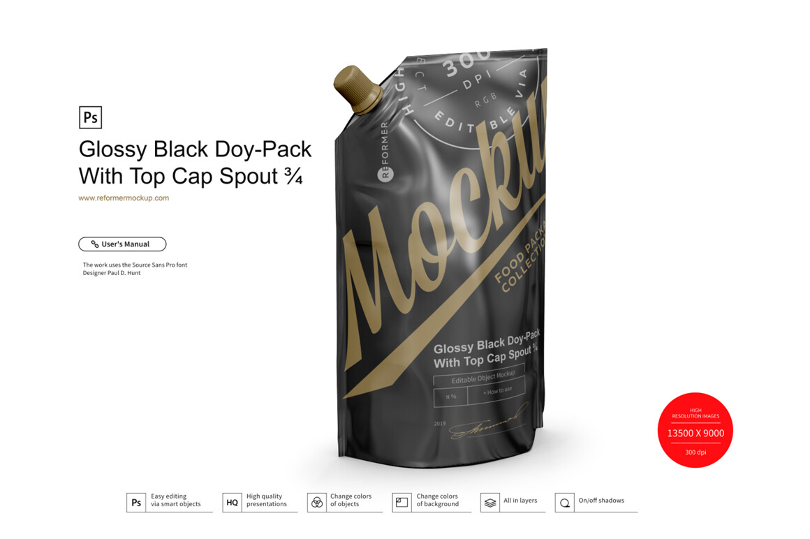 Glossy Black Doy-Pack With Side Cap Spout Mockup ¾